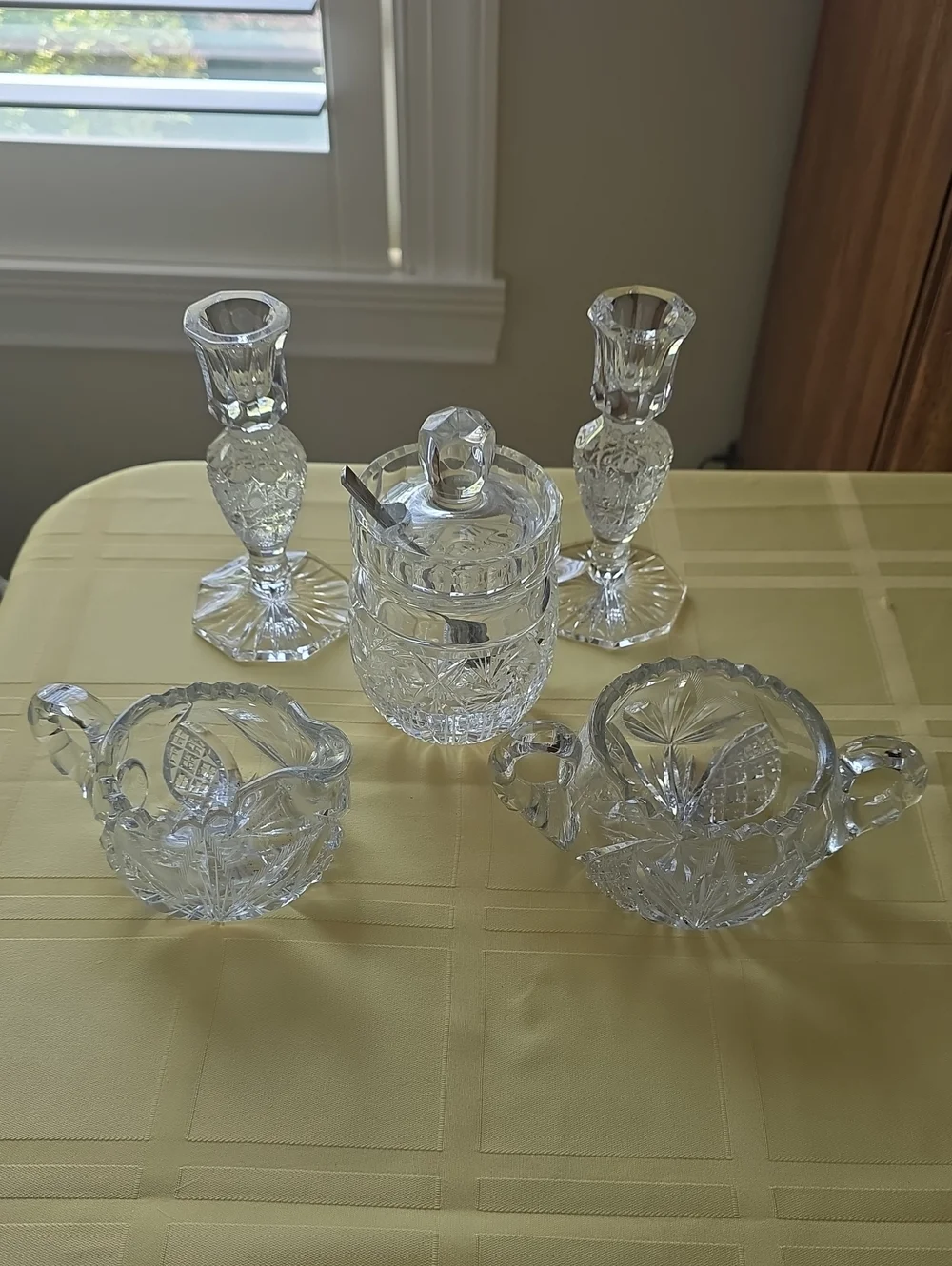 Cut Crystal Sugar, Creamer & Candlestick Set - Clear